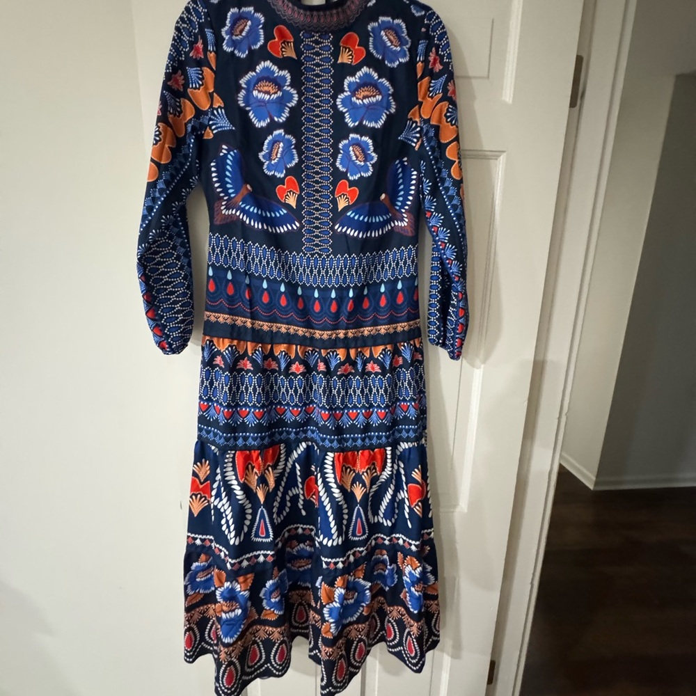 NWOT Vibrant Blue and Orange Maxi Dress (L but runs small)
